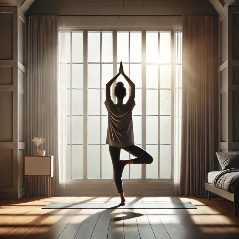 Consciência Corporal: 5 Passos para Postura Perfeita, Prevenir Lesões e Transformar Sua Saúde (Guia 2025) 2 a woman standing in a tree pose in front of a window