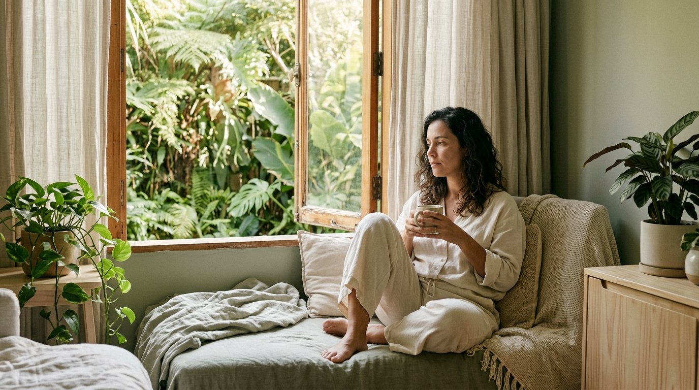 Mulher sentada perto de uma janela com vista para um jardim, em um momento de pausa.