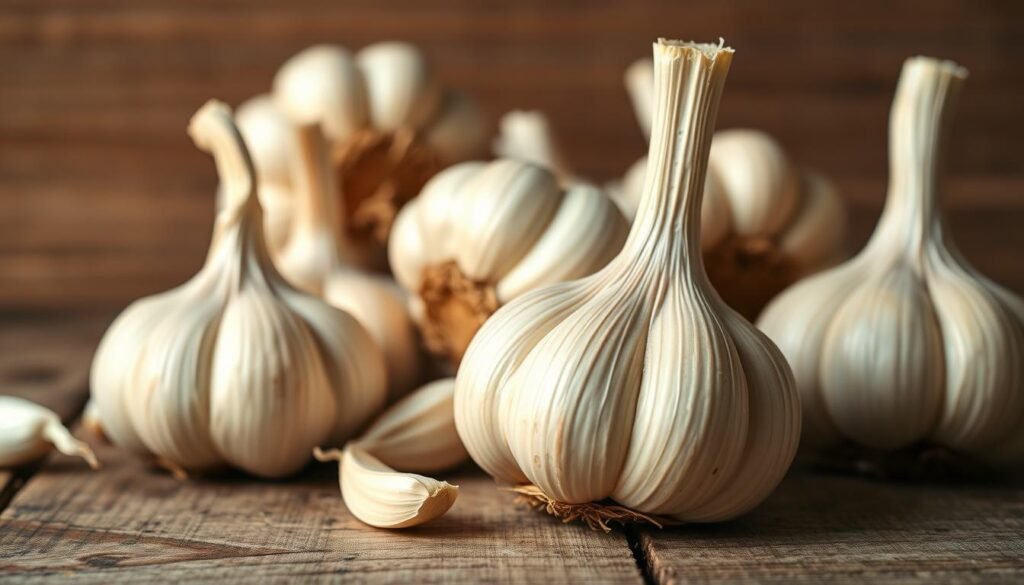 A vibrant, close-up photograph of several fresh, whole garlic bulbs arranged on a rustic wooden surface. The garlic is displayed in the foreground, with a soft, warm light illuminating the textured, ivory-colored skin and the individual cloves visible. The background is gently blurred, suggesting a simple, natural setting that complements the organic, earthy tones of the garlic. The composition emphasizes the intricate details and the inherent beauty of this humble, yet powerful superfood known for its immune-boosting properties. A vibrant, close-up photograph of several fresh, whole garlic bulbs arranged on a rustic wooden surface. The garlic is displayed in the foreground, with a soft, warm light illuminating the textured, ivory-colored skin and the individual cloves visible. The background is gently blurred, suggesting a simple, natural setting that complements the organic, earthy tones of the garlic. The composition emphasizes the intricate details and the inherent beauty of this humble, yet powerful superfood known for its immune-boosting properties.