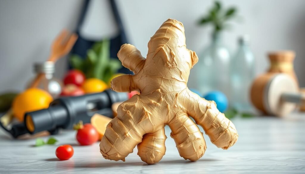 A vibrant image of a fresh ginger root against a backdrop of blurred healthy foods and lifestyle elements. The ginger is the focal point, showcased with intricate detail and natural lighting, conveying its role in weight management and metabolic health. The middle ground features a selection of fruits, vegetables, and fitness equipment, hinting at a balanced, active lifestyle. The background is softly blurred, creating a serene, wellness-focused atmosphere. The overall composition and color palette emphasize the natural, holistic benefits of ginger for weight loss and metabolic well-being. A vibrant image of a fresh ginger root against a backdrop of blurred healthy foods and lifestyle elements. The ginger is the focal point, showcased with intricate detail and natural lighting, conveying its role in weight management and metabolic health. The middle ground features a selection of fruits, vegetables, and fitness equipment, hinting at a balanced, active lifestyle. The background is softly blurred, creating a serene, wellness-focused atmosphere. The overall composition and color palette emphasize the natural, holistic benefits of ginger for weight loss and metabolic well-being.