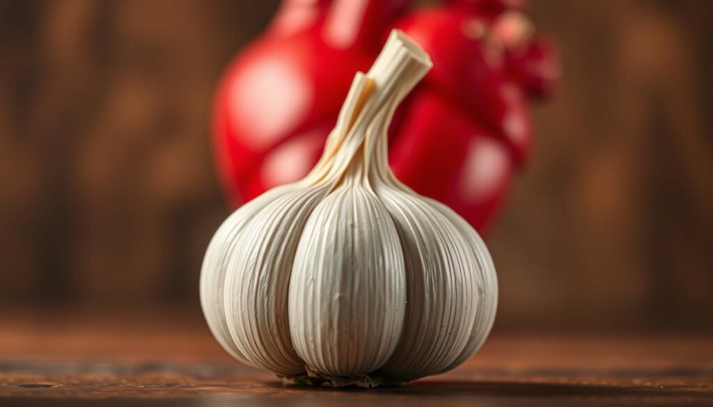 A well-lit, high-resolution close-up photograph of a fresh, whole garlic bulb placed in the foreground against a blurred background of a beating human heart. The garlic bulb is positioned prominently, showcasing its intricate layers and textures. The lighting is soft and warm, accentuating the natural sheen of the garlic. The heart in the background is a metaphorical representation of the cardiovascular system, subtly hinting at the connection between garlic and heart health. The overall composition and mood convey a sense of wellness, balance, and the power of natural remedies. A well-lit, high-resolution close-up photograph of a fresh, whole garlic bulb placed in the foreground against a blurred background of a beating human heart. The garlic bulb is positioned prominently, showcasing its intricate layers and textures. The lighting is soft and warm, accentuating the natural sheen of the garlic. The heart in the background is a metaphorical representation of the cardiovascular system, subtly hinting at the connection between garlic and heart health. The overall composition and mood convey a sense of wellness, balance, and the power of natural remedies.
