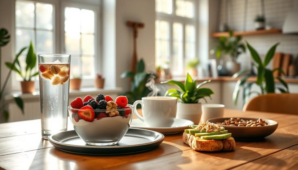 A bright and serene morning scene featuring a wooden table set with a healthy breakfast spread. In the foreground, a tall glass of fresh fruit-infused water, a bowl of Greek yogurt topped with berries and granola, and a plate of avocado toast. In the middle ground, a steaming mug of herbal tea and a small bowl of assorted nuts and seeds. The background showcases a sunlit kitchen with large windows, lush indoor plants, and minimalist decor. Soft natural lighting filters through, creating a warm, inviting atmosphere. The overall composition conveys a sense of nourishment, wellness, and a positive start to the day. A bright and serene morning scene featuring a wooden table set with a healthy breakfast spread. In the foreground, a tall glass of fresh fruit-infused water, a bowl of Greek yogurt topped with berries and granola, and a plate of avocado toast. In the middle ground, a steaming mug of herbal tea and a small bowl of assorted nuts and seeds. The background showcases a sunlit kitchen with large windows, lush indoor plants, and minimalist decor. Soft natural lighting filters through, creating a warm, inviting atmosphere. The overall composition conveys a sense of nourishment, wellness, and a positive start to the day.