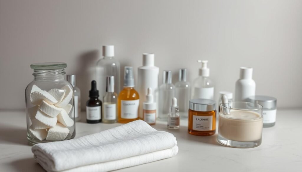 A serene and minimalist tabletop scene featuring an array of skincare products arranged in an orderly manner. In the foreground, a clean white towel is neatly folded, alongside a glass jar filled with cotton pads. In the middle ground, several glass bottles and jars of varying shapes and sizes are displayed, showcasing a range of skincare essentials such as cleansers, toners, serums, and moisturizers. The products are captured in soft, diffused lighting, casting gentle shadows and highlighting their textures and materials. The background is a muted, neutral-toned backdrop, creating a calming and elegant atmosphere, perfectly suited to illustrate a comprehensive day and night skincare routine.