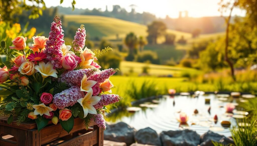A serene garden bathed in warm, golden sunlight. In the foreground, a lush bouquet of vibrant flowers - roses, lilies, and lilacs - arranged artfully in a rustic wooden crate. The middle ground features a peaceful pond, its surface gently rippling, with lily pads and delicate lotus blossoms floating atop. In the background, a verdant landscape of rolling hills and swaying trees, creating a tranquil, restorative atmosphere. The scene evokes a sense of gratitude, harmony, and the rejuvenating power of nature. A serene garden bathed in warm, golden sunlight. In the foreground, a lush bouquet of vibrant flowers - roses, lilies, and lilacs - arranged artfully in a rustic wooden crate. The middle ground features a peaceful pond, its surface gently rippling, with lily pads and delicate lotus blossoms floating atop. In the background, a verdant landscape of rolling hills and swaying trees, creating a tranquil, restorative atmosphere. The scene evokes a sense of gratitude, harmony, and the rejuvenating power of nature.