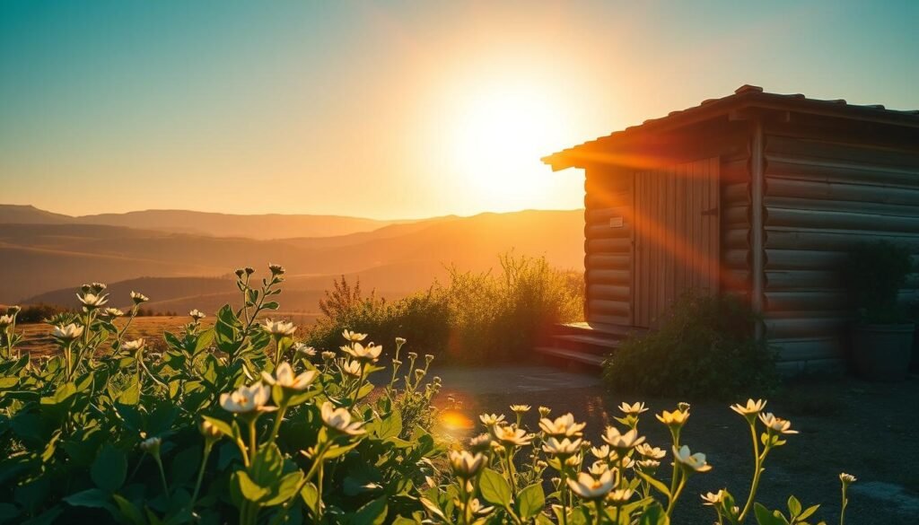 A serene morning landscape, bathed in the warm, golden glow of the rising sun. In the foreground, a tranquil garden filled with lush, vibrant greenery and delicate flowers, their petals glistening with dew. The middle ground features a quaint, rustic wooden structure, its weathered facade illuminated by the soft, diffused sunlight. In the background, rolling hills and a clear, azure sky, conveying a sense of peaceful solitude and rejuvenation. The scene exudes a calming, meditative atmosphere, inviting the viewer to embrace the revitalizing power of the morning sun and start the day with renewed energy and a positive mindset. A serene morning landscape, bathed in the warm, golden glow of the rising sun. In the foreground, a tranquil garden filled with lush, vibrant greenery and delicate flowers, their petals glistening with dew. The middle ground features a quaint, rustic wooden structure, its weathered facade illuminated by the soft, diffused sunlight. In the background, rolling hills and a clear, azure sky, conveying a sense of peaceful solitude and rejuvenation. The scene exudes a calming, meditative atmosphere, inviting the viewer to embrace the revitalizing power of the morning sun and start the day with renewed energy and a positive mindset.