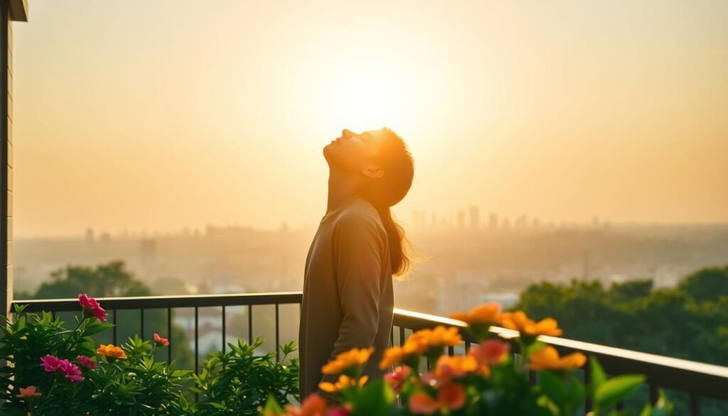 A serene morning scene, bathed in the warm, golden glow of the rising sun. In the foreground, a person stands on a balcony, face lifted towards the sky, eyes closed, deeply inhaling the fresh morning air. The balcony is surrounded by lush greenery, with vibrant flowers blooming in the foreground. In the middle ground, the city skyline is visible, softened by the morning haze. The background is a vast, cloudless sky, the sun's rays filtering through, casting a peaceful, rejuvenating ambiance. The overall mood is one of tranquility, mental clarity, and a sense of renewed energy, reflecting the positive impacts of the morning sun on mental health. A serene morning scene, bathed in the warm, golden glow of the rising sun. In the foreground, a person stands on a balcony, face lifted towards the sky, eyes closed, deeply inhaling the fresh morning air. The balcony is surrounded by lush greenery, with vibrant flowers blooming in the foreground. In the middle ground, the city skyline is visible, softened by the morning haze. The background is a vast, cloudless sky, the sun's rays filtering through, casting a peaceful, rejuvenating ambiance. The overall mood is one of tranquility, mental clarity, and a sense of renewed energy, reflecting the positive impacts of the morning sun on mental health.