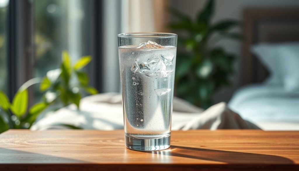 A serene morning scene with a glass of fresh water on a wooden table, surrounded by lush greenery and soft natural light filtering through the window. The glass is perspiring, capturing the essence of hydration and rejuvenation. The table is adorned with a simple, minimalist design, allowing the water to be the focal point. The background features a blurred, out-of-focus view of a bedroom, conveying a sense of tranquility and a peaceful start to the day. The overall mood is calming, refreshing, and invites the viewer to embrace the importance of proper hydration as part of a mindful morning routine. A serene morning scene with a glass of fresh water on a wooden table, surrounded by lush greenery and soft natural light filtering through the window. The glass is perspiring, capturing the essence of hydration and rejuvenation. The table is adorned with a simple, minimalist design, allowing the water to be the focal point. The background features a blurred, out-of-focus view of a bedroom, conveying a sense of tranquility and a peaceful start to the day. The overall mood is calming, refreshing, and invites the viewer to embrace the importance of proper hydration as part of a mindful morning routine.
