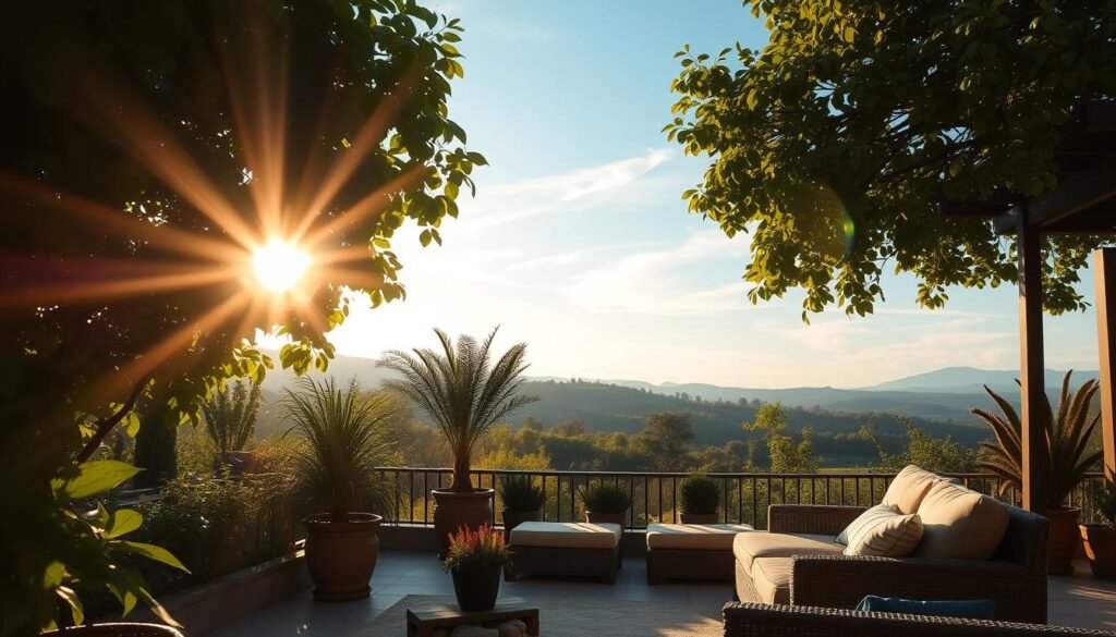 A serene, sun-drenched morning scene in a tranquil, natural environment. Warm, diffused sunlight filters through lush, verdant foliage, casting a soft, golden glow across a peaceful outdoor setting. In the foreground, a cozy outdoor seating area with comfortable, earth-toned furnishings invites leisurely contemplation. Potted plants and natural elements like river stones create a calming, rejuvenating ambiance. The middle ground features a picturesque view of rolling hills or a lush garden, while the background showcases a clear, azure sky with wispy, cloud-like formations. The overall tone is one of relaxation, renewal, and a sense of being fully present in the moment, perfectly capturing the essence of starting the day with energy and focus. A serene, sun-drenched morning scene in a tranquil, natural environment. Warm, diffused sunlight filters through lush, verdant foliage, casting a soft, golden glow across a peaceful outdoor setting. In the foreground, a cozy outdoor seating area with comfortable, earth-toned furnishings invites leisurely contemplation. Potted plants and natural elements like river stones create a calming, rejuvenating ambiance. The middle ground features a picturesque view of rolling hills or a lush garden, while the background showcases a clear, azure sky with wispy, cloud-like formations. The overall tone is one of relaxation, renewal, and a sense of being fully present in the moment, perfectly capturing the essence of starting the day with energy and focus.
