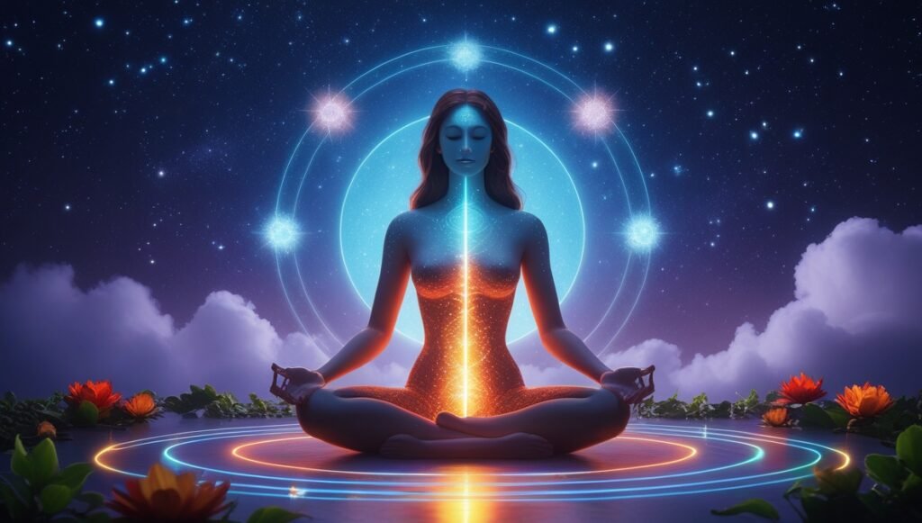 Despertar espiritual Arte conceitual mostrando uma figura humana com campo energético sutil ao redor, captando energias do ambiente. Linhas sutis de conexão com natureza e cosmos, estilo de pintura energética sutil.